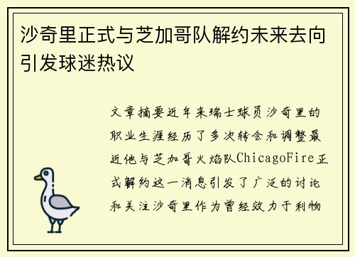 沙奇里正式与芝加哥队解约未来去向引发球迷热议